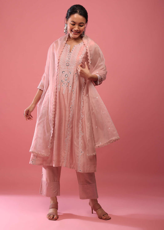 Salmon Pink Pant Suit Set In Lucknowi Abla Embroidery With Mirror And Organza Dupatta