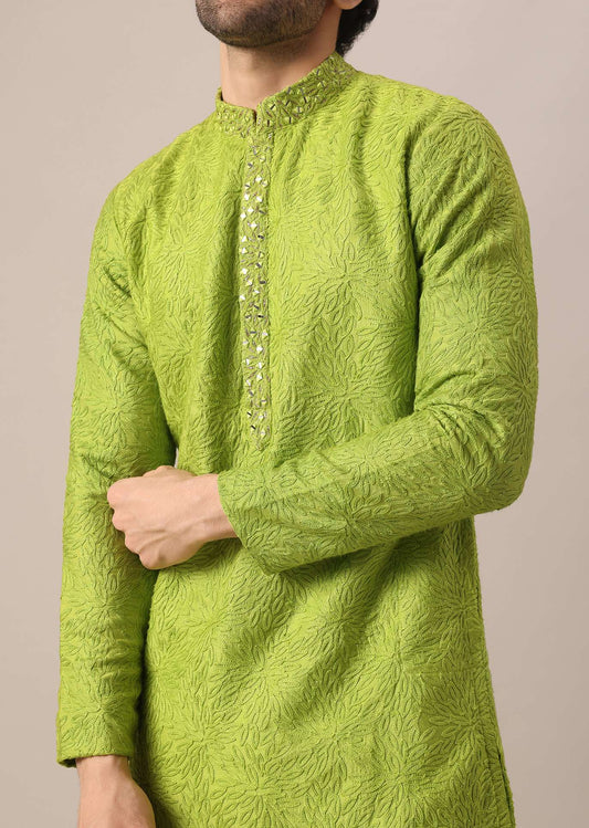 Green Cotton Kurta And Dola Silk Pant Set With Embroidery