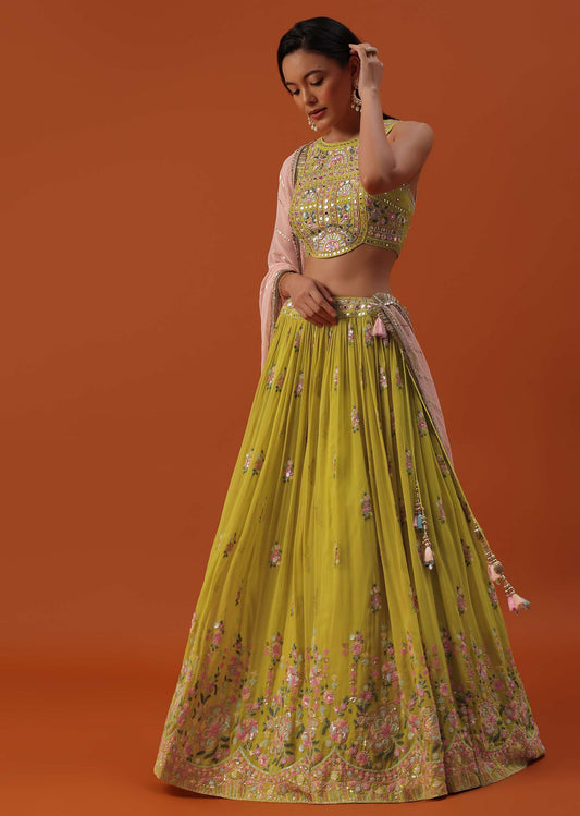 Mustard Yellow Embroidered Georgette Lehenga and Silk Blouse Set