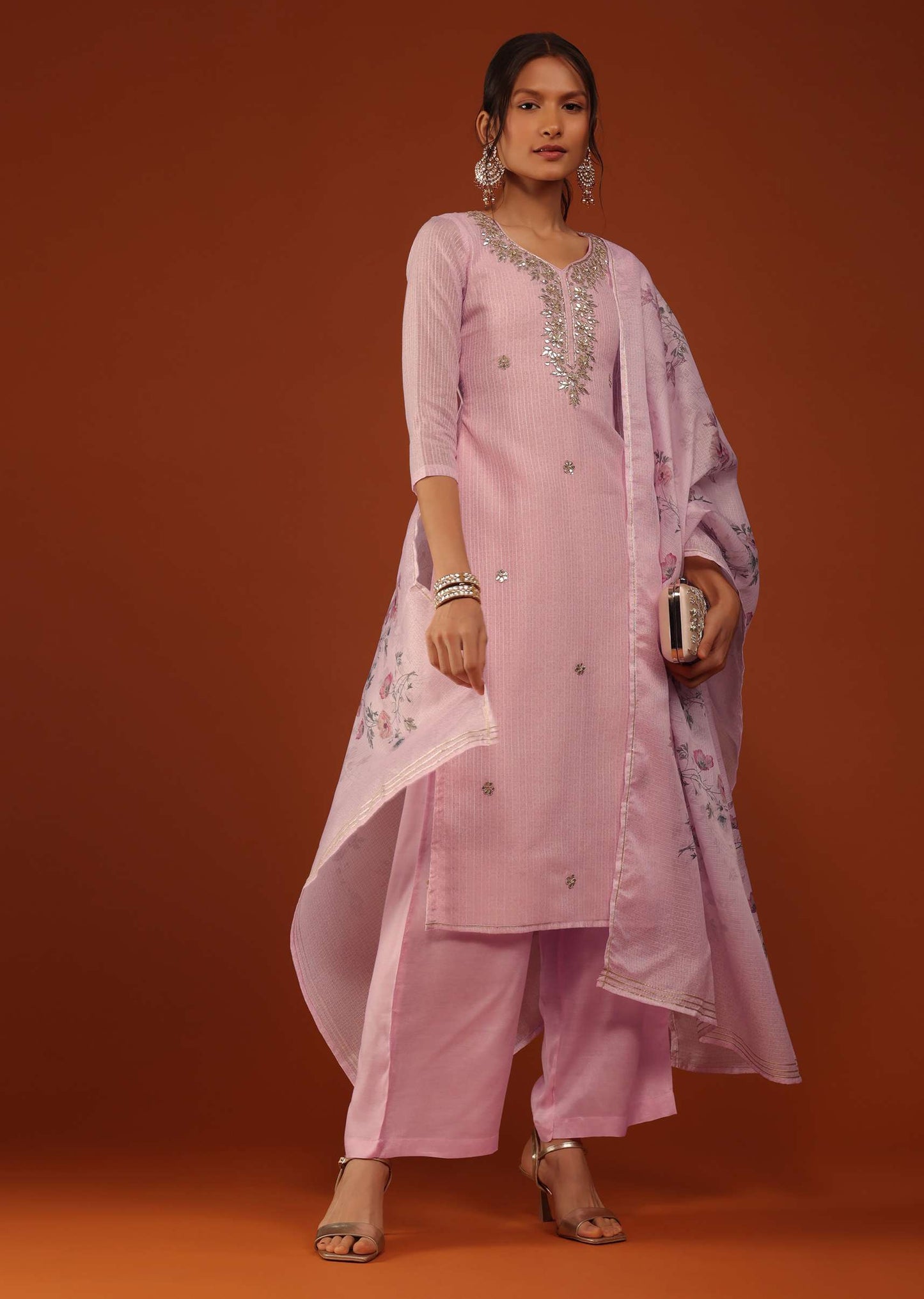 Pastel Pink Kurti Palazzo Set In Chanderi Silk With Gotta Work