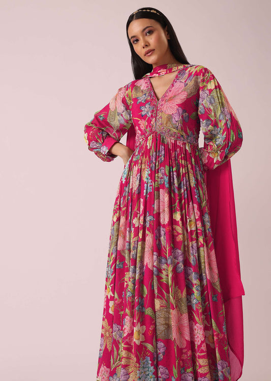 Pink Floral Print Anarkali Suit with In Chinon