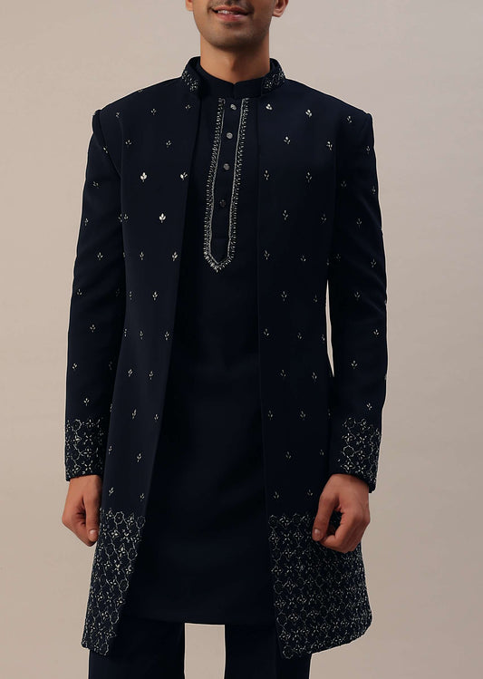 Navy Blue Cut Work Embroidered Indowestern In Suiting