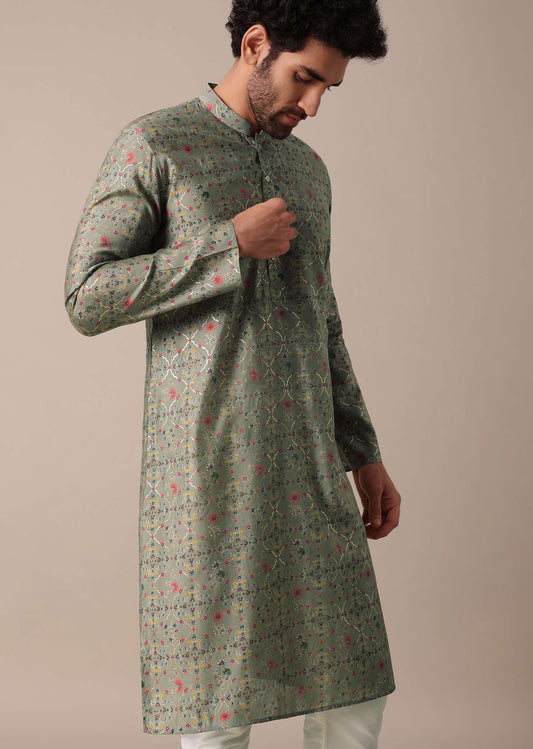 Elegant Grey Jaipur Print Men Kurta Set