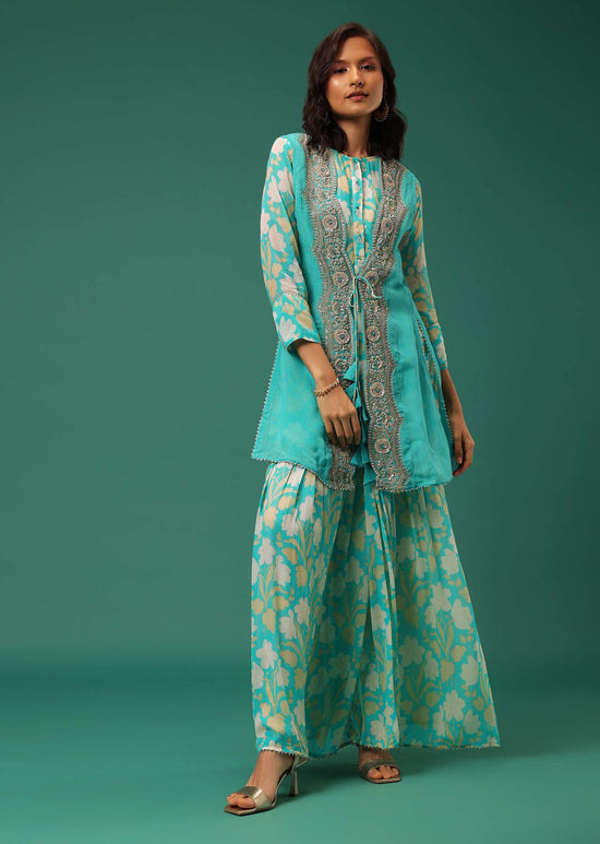 Sky Blue Floral Printed Kurti Palazzo Set In Georgette With Embroidered Organza Shrug